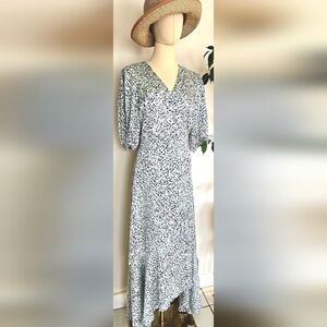 Club Monaco Size 10 Wrap Midi Dress Speckled Print Puff Sleeve Tie Waist